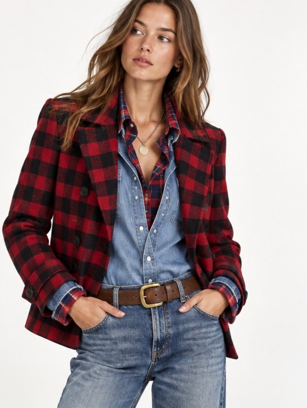 Cabi Snow Valley Red Plaid Double Breasted Jacket #3852